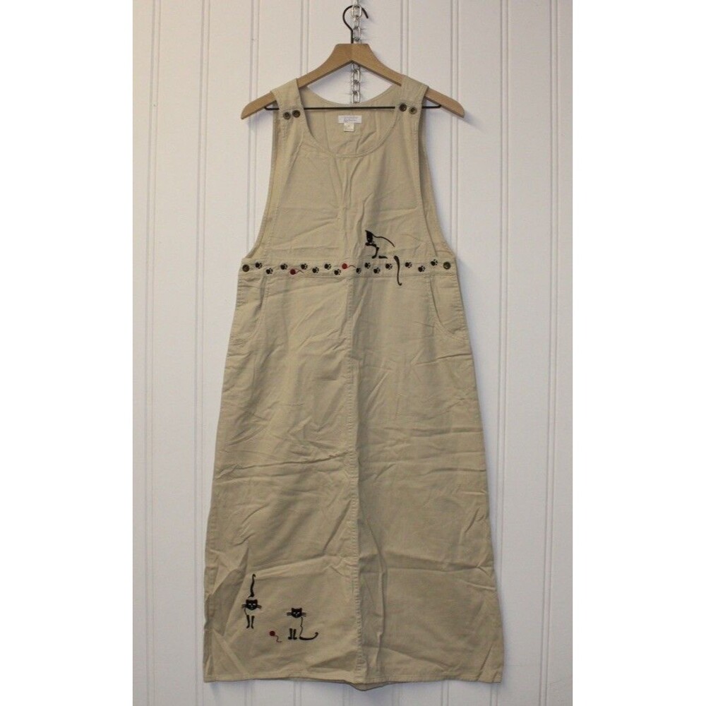 Vintage 90s Overall Jumper Maxi Sleeveless Novelty Cat Dress‎ Embroidered Size S